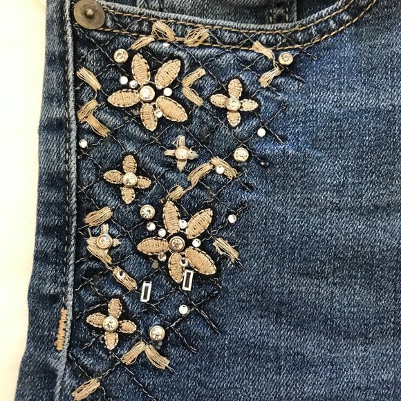 Miss Me Skinny Jeans Women 27 Blue Mid Rise Floral Rhinestone Medium Wash 16323 - Picture 12 of 15